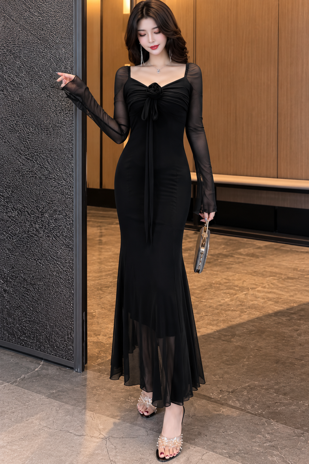 3D Rosette Long-Sleeve Sheer Mermaid Maxi Gown