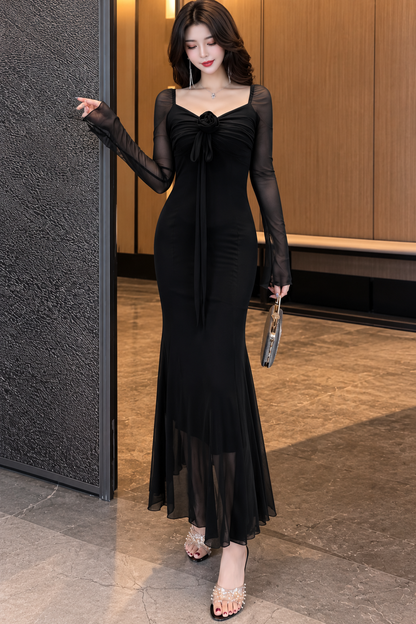 3D Rosette Long-Sleeve Sheer Mermaid Maxi Gown
