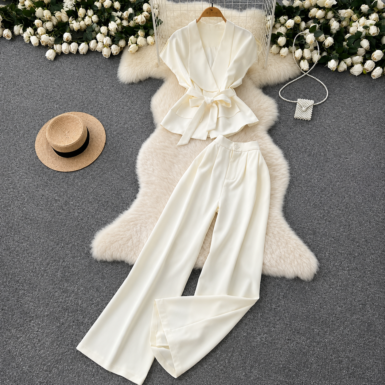 Belted Draped Vest and Wide-Leg Trousers Set