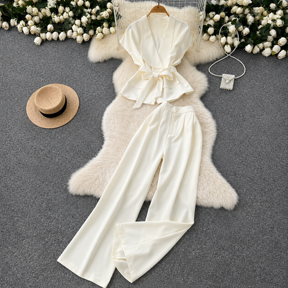Belted Draped Vest and Wide-Leg Trousers Set