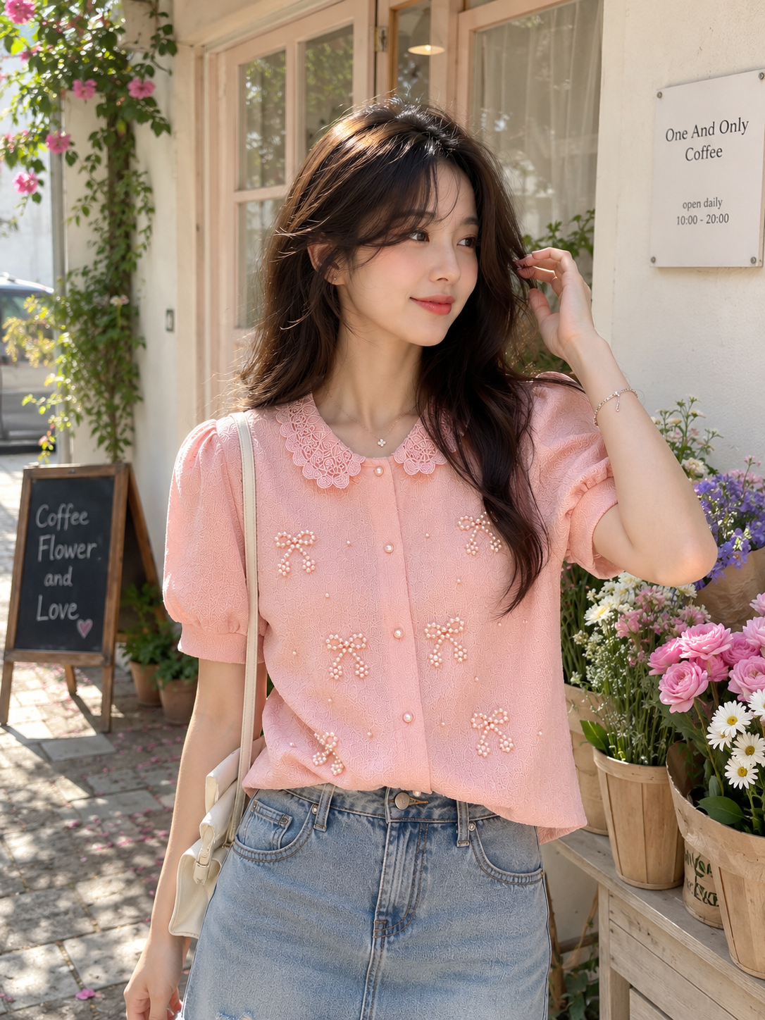 Pearl Bow Peter Pan Collar Puff Sleeve Shirt