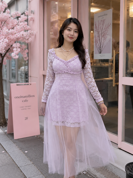 Floral Lace Pearl-Trim Gown with Tulle Overlay Skirt