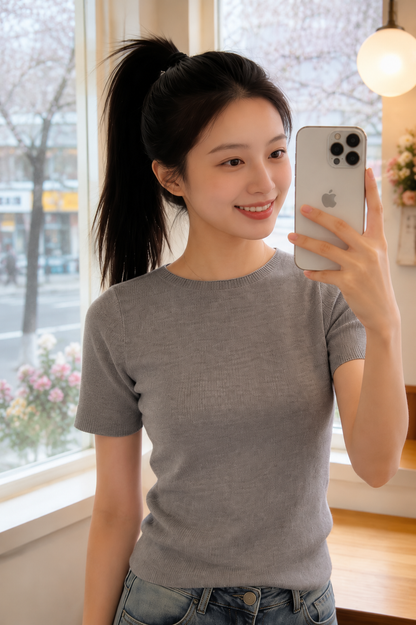 Short-Sleeve Rib-Knit Crewneck Sweater Tee
