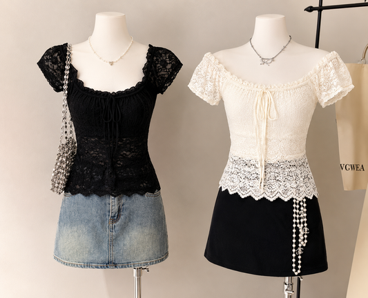Ruched Lace Tie-Front Off-Shoulder Blouse