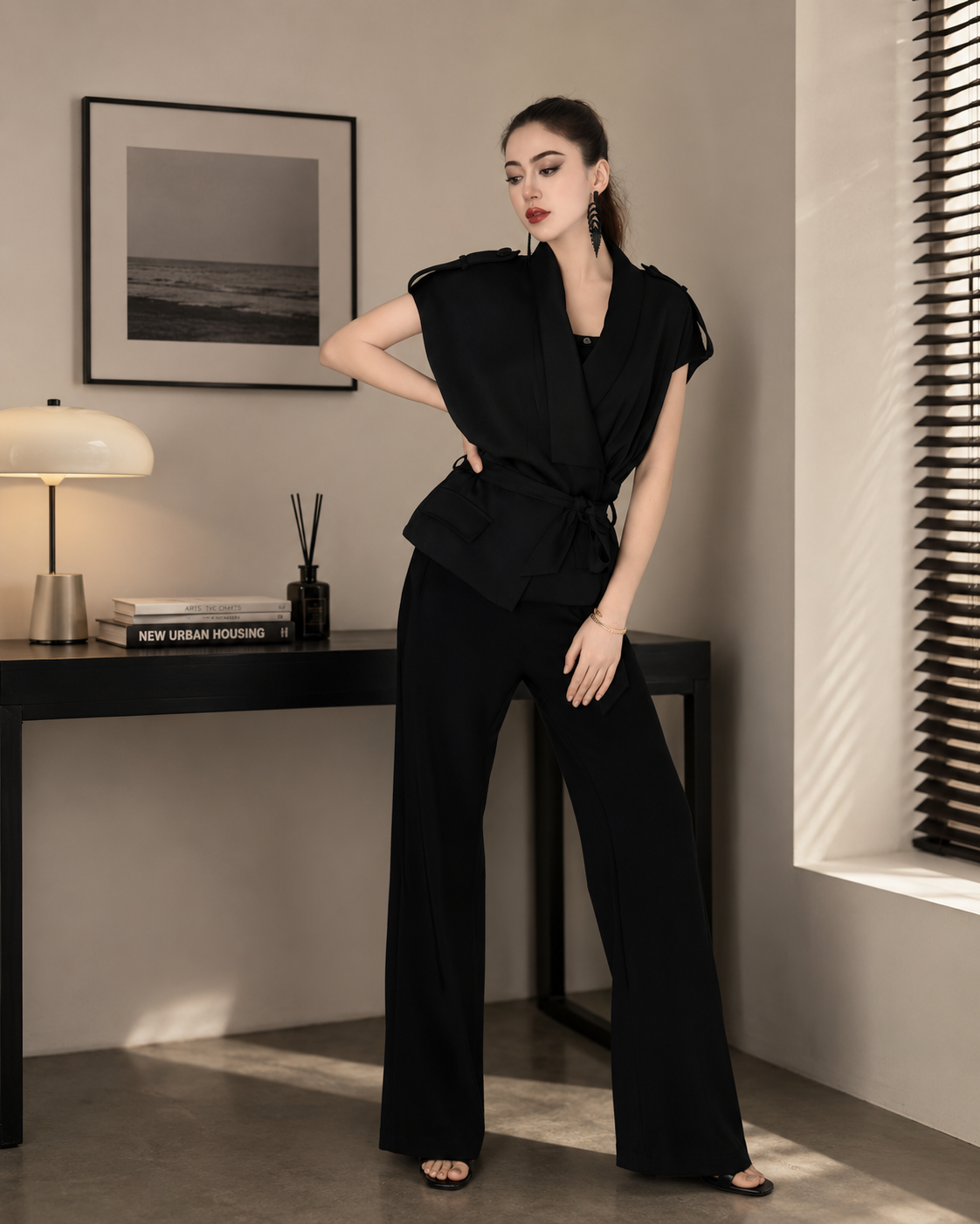 Belted Draped Vest and Wide-Leg Trousers Set