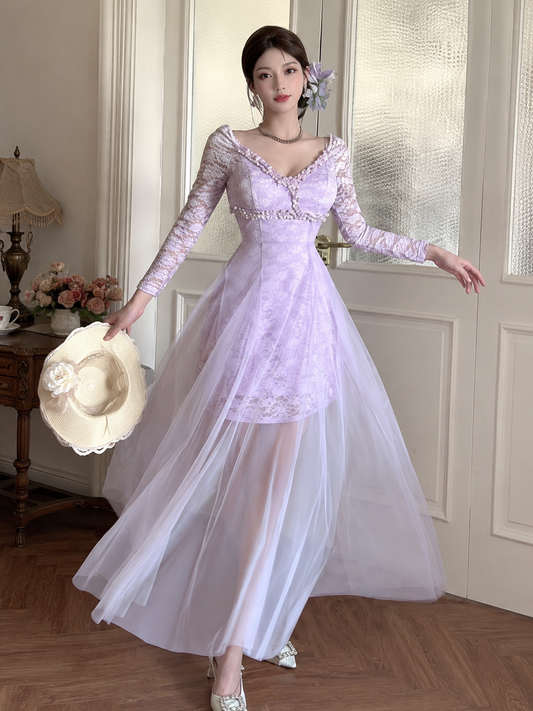 Floral Lace Pearl-Trim Gown with Tulle Overlay Skirt