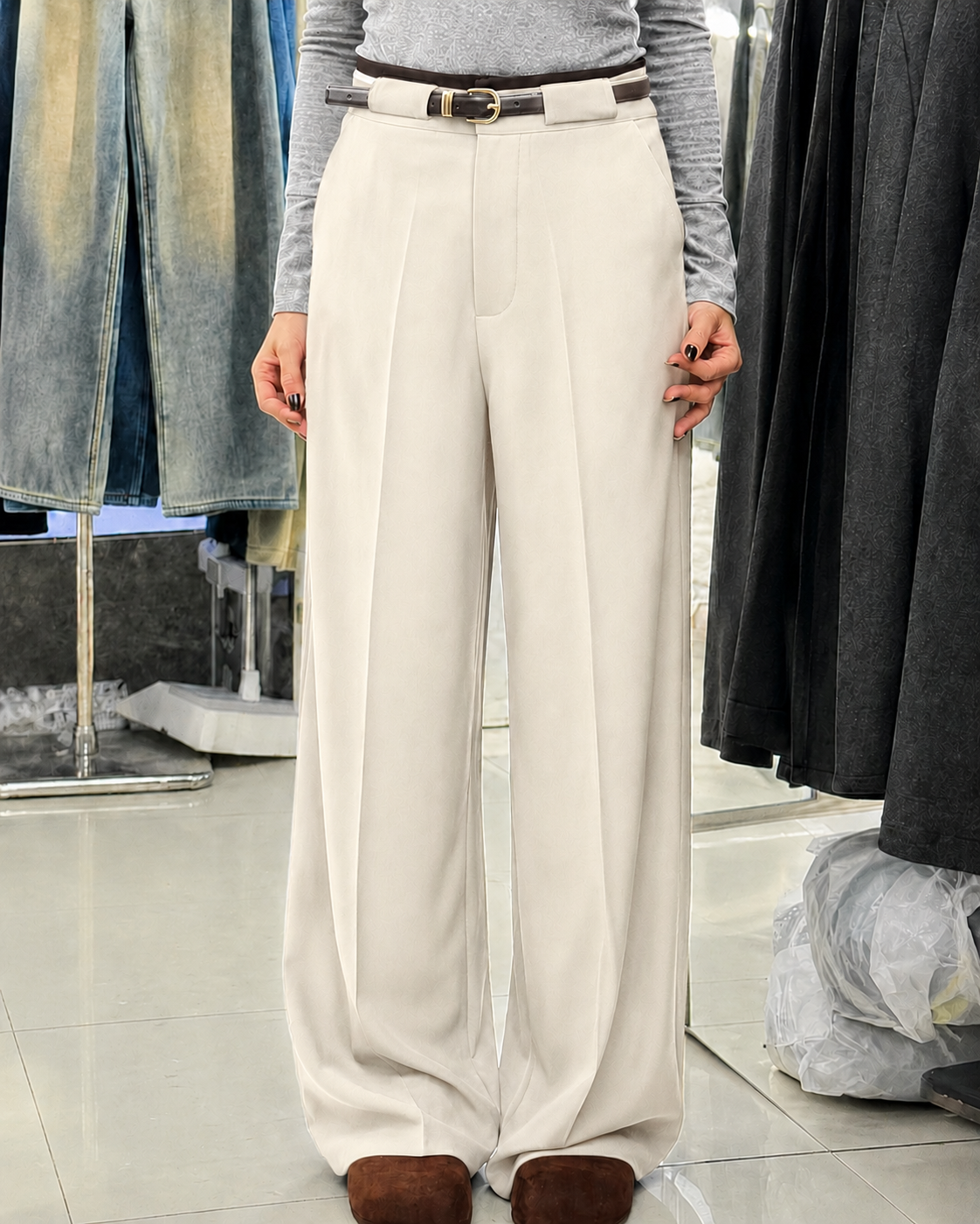 High-Waisted Belted Wide-Leg Trousers