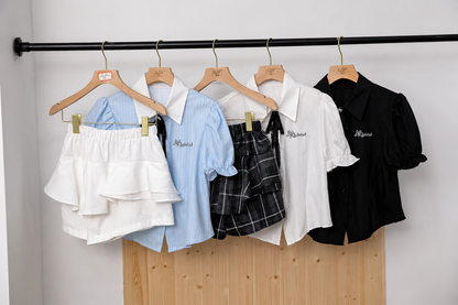 Contrast Collar Puff-Sleeve Blouse and Tiered Ruffle Shorts Set