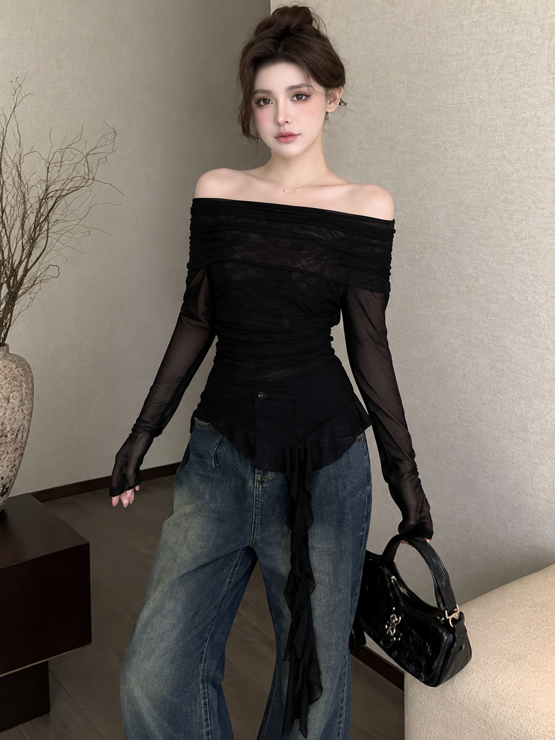 Off-Shoulder Ruched Mesh Top with Waterfall Ruffle Hem