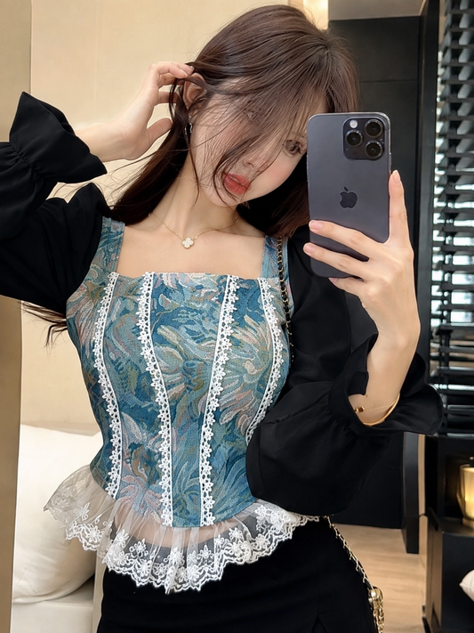 Vintage Floral Jacquard Lace-Trim Corset