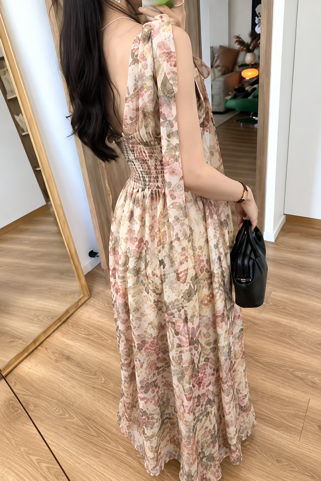 Smocked Waist Watercolor Organza Maxi Dress with Tie Shoulders
