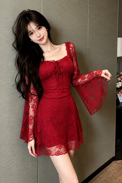 Floral Lace Bell-Sleeve Milkmaid Mini Dress