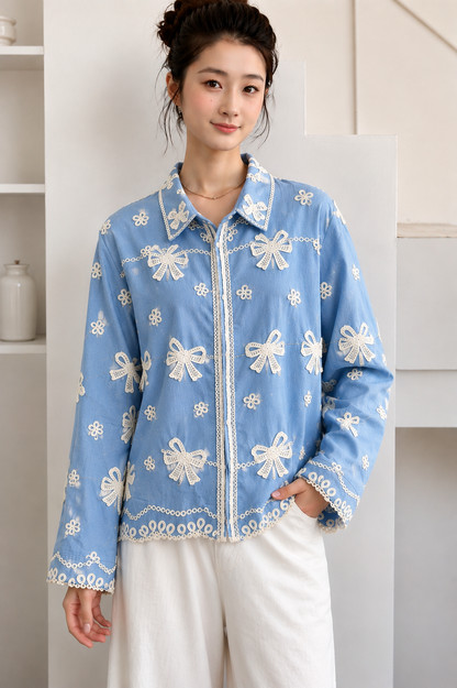 Premium Embroidered Bow Button-Down Shirt