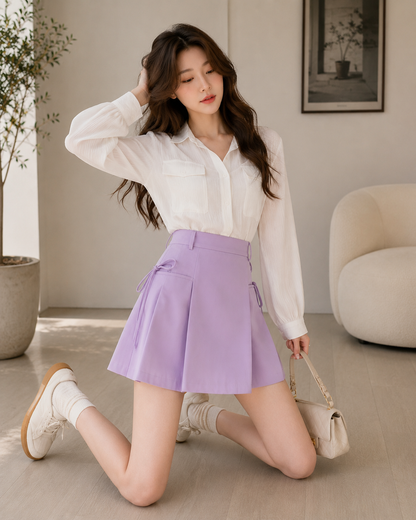 High-Waist Side-Tie Pleated Skort Mini Skirt