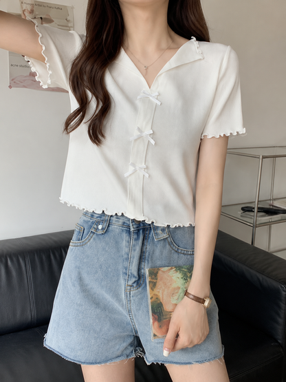 Ribbon Bow Knitted Short-Sleeve Top