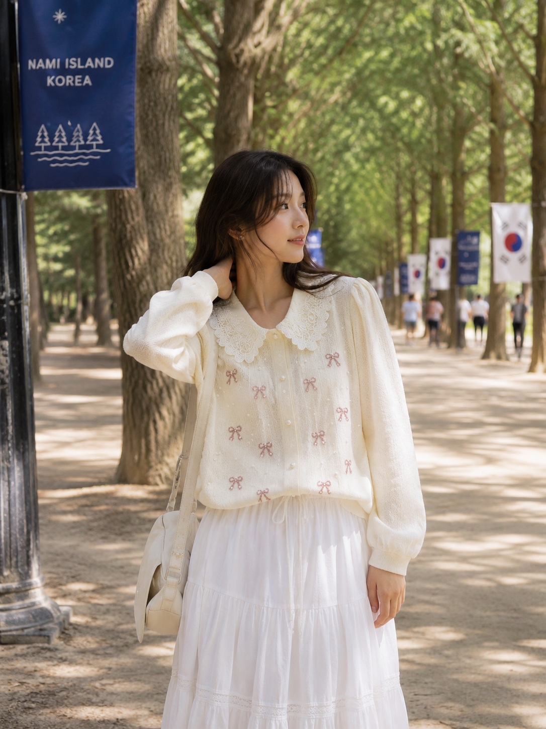 Embroidered Bow Eyelet Peter Pan Collar Shirt