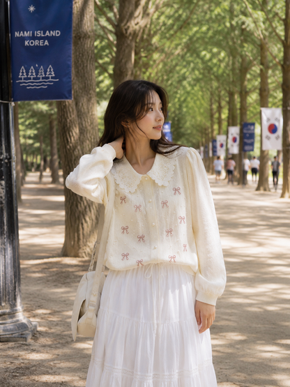 Embroidered Bow Eyelet Peter Pan Collar Shirt