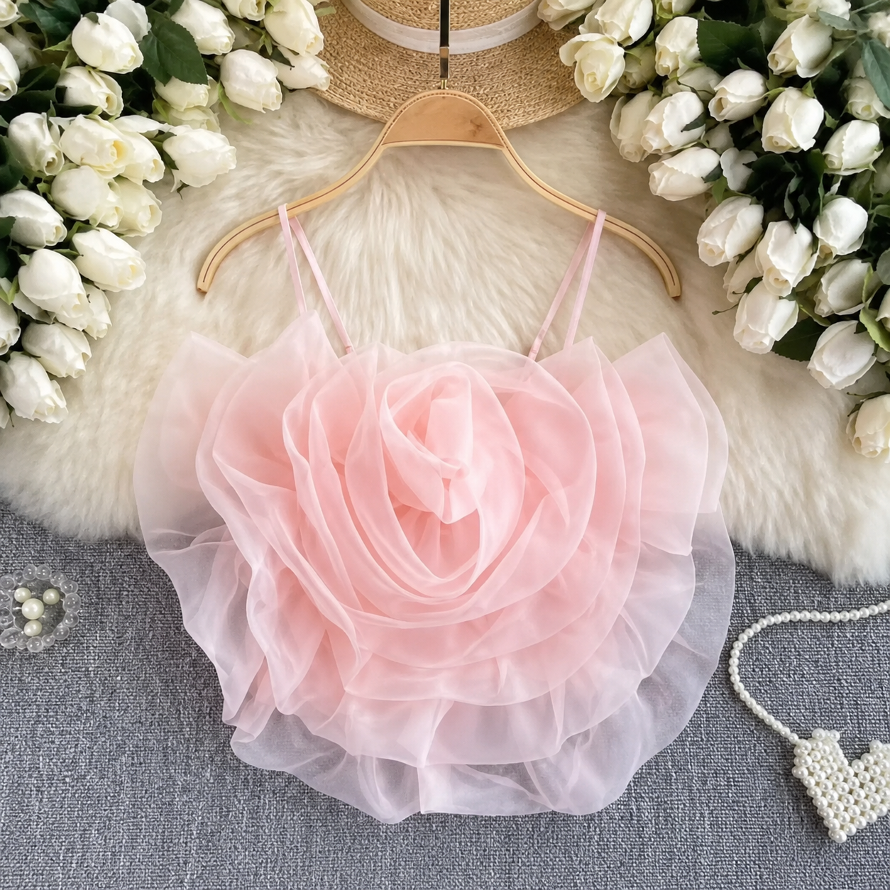 3D Giant Organza Rosette Camisole Top