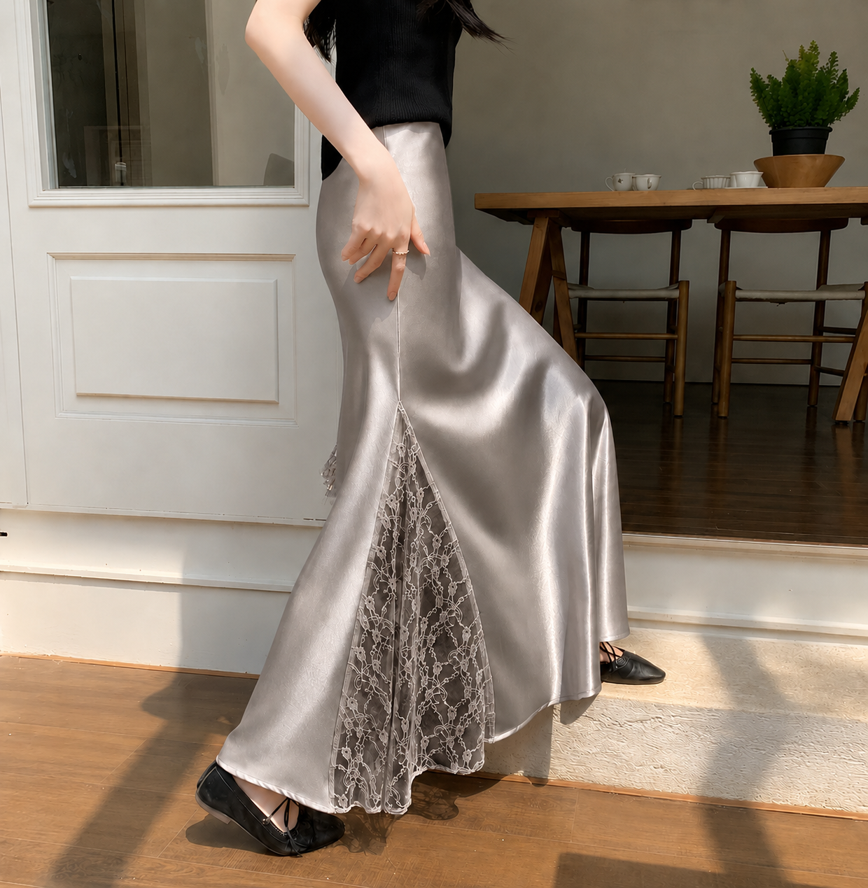 Lace-Panel High-Waist Maxi Slip Satin Skirt