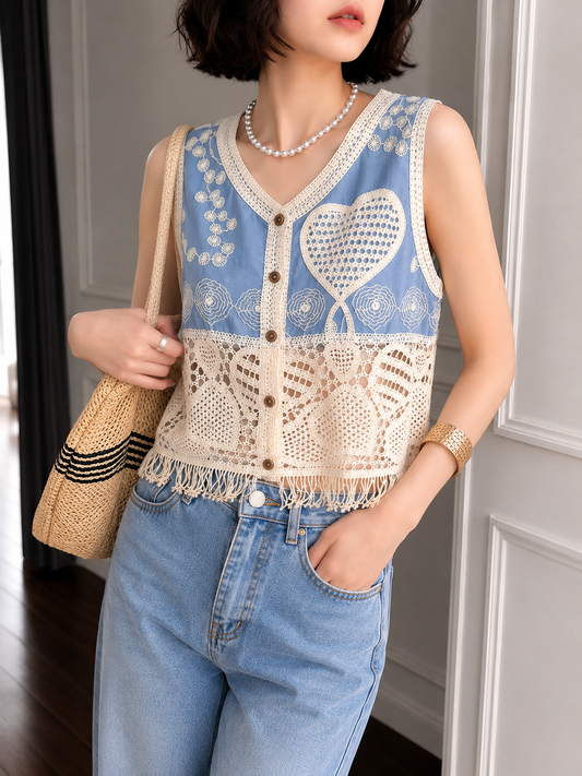 Heart-Embroidered Fringe Crochet Vest Top