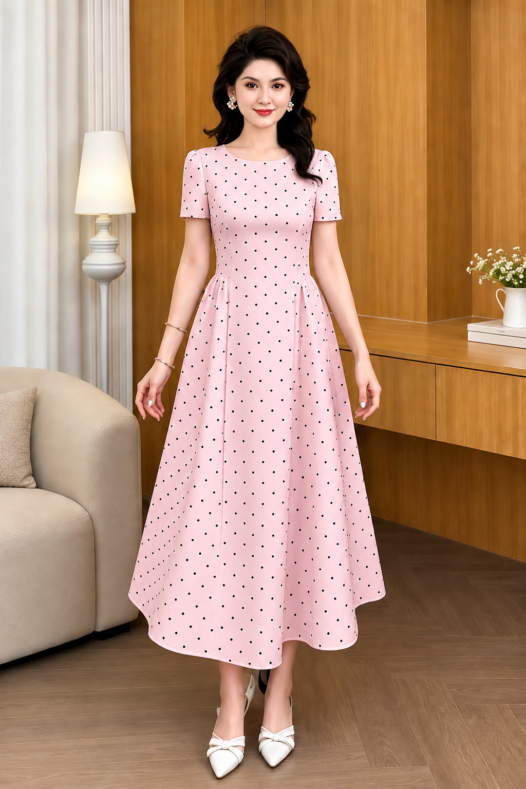 Vintage Polka Dot Pleated A-Line Midi Dress