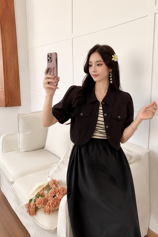 Short-Sleeve Cropped Jacket & A-Line Midi Dress Set