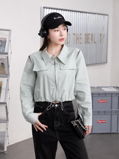 Convertible Shoulder-Zipper Cropped Cargo Jacket