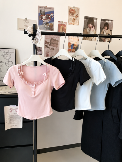 Lace Trim Henley Bow Tee
