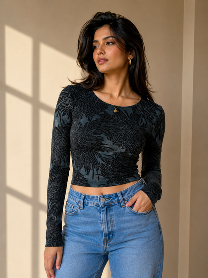 Vintage Flocked Burnout Mock-Neck Long-Sleeve Powernet Top