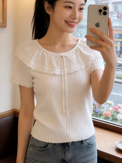 Korean Ruffle-Collar Knitted Tee