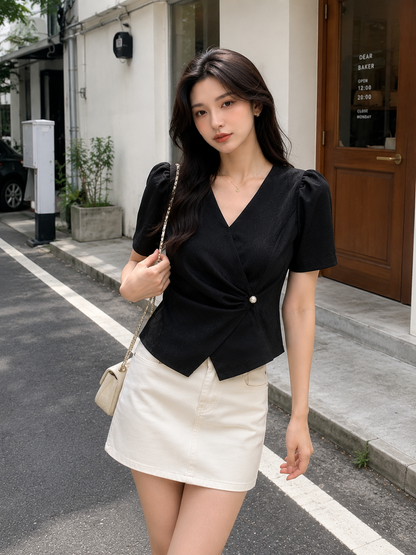 Short-Sleeve Jacquard Wrap Style Top with Pearl Accent
