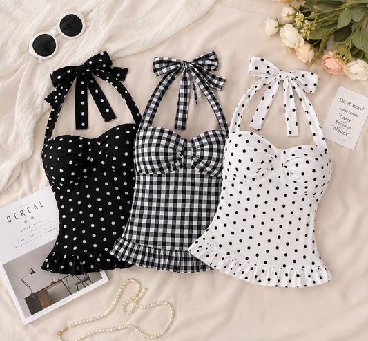 Retro Halter Neck Polka Dot Corset Top