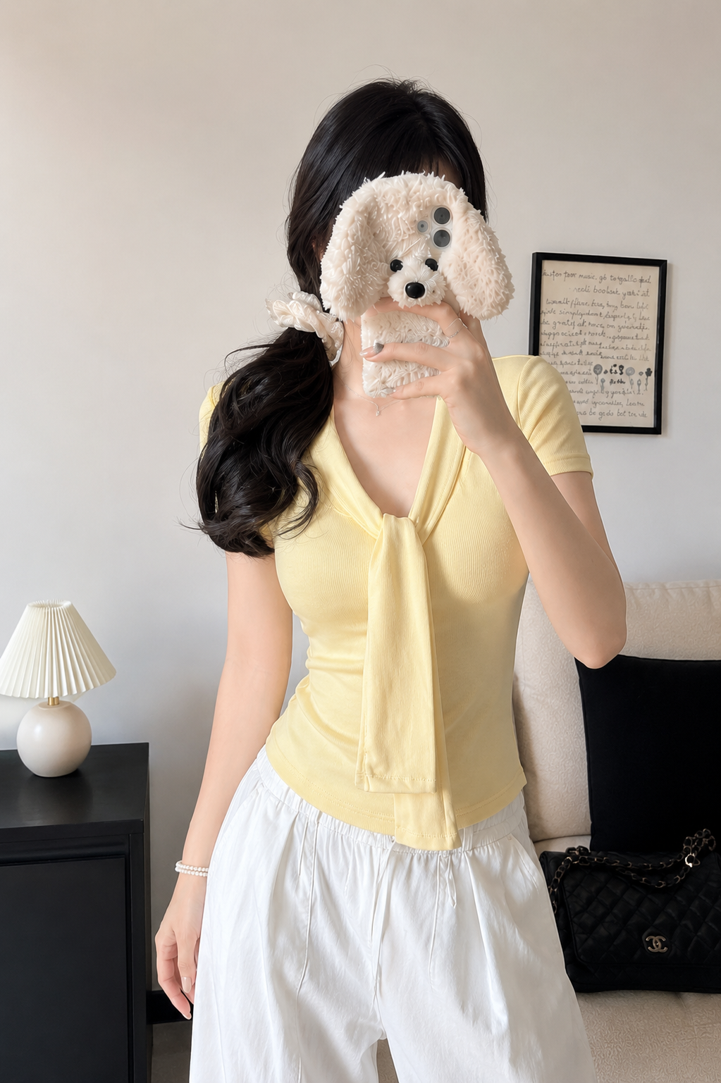 Ribbed V-Neck Tie-Front Top