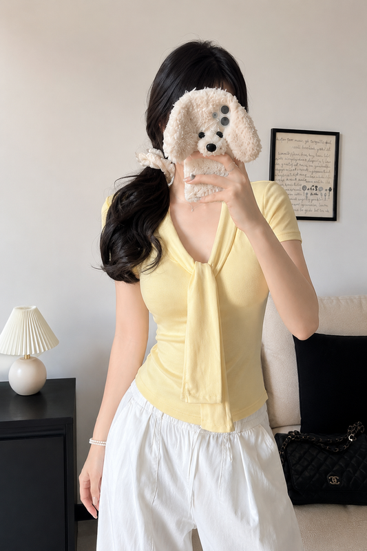 Ribbed V-Neck Tie-Front Top