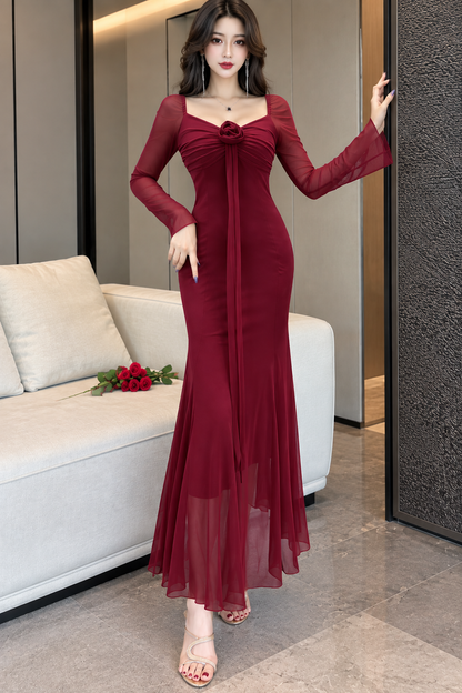 3D Rosette Long-Sleeve Sheer Mermaid Maxi Gown