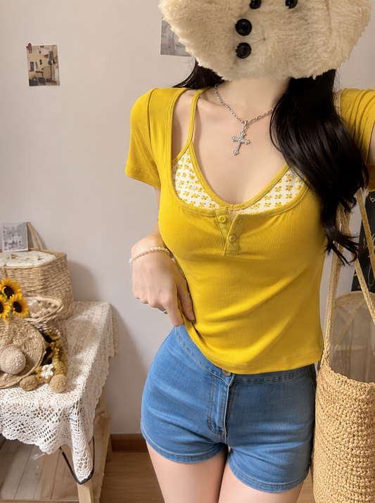 Y2K Layered Floral Henley Padded Top