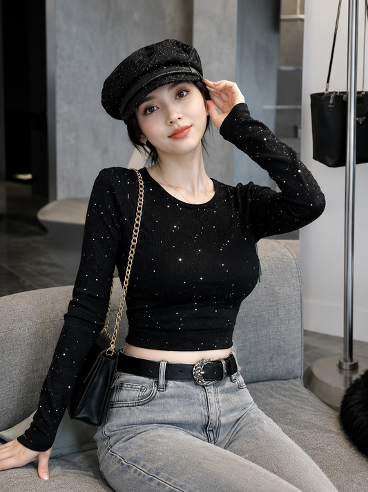 Shimmer & Pointelle Scoop Neck Long-Sleeve Top