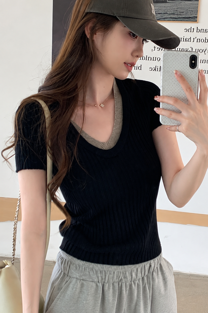 Faux Ribbed V-Neck Knit Tee