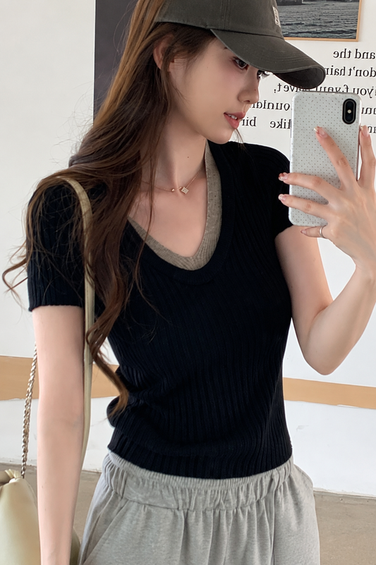 Faux Ribbed V-Neck Knit Tee