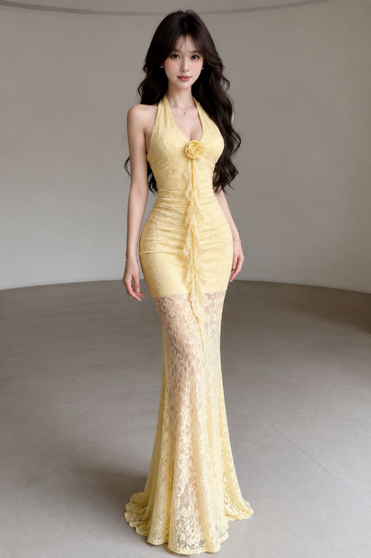 3D Rosette Halter Sheer Lace Mermaid Maxi Gown