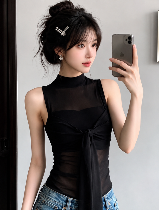 Tie-Front Mock-Neck Mesh Sleeveless Padded Top