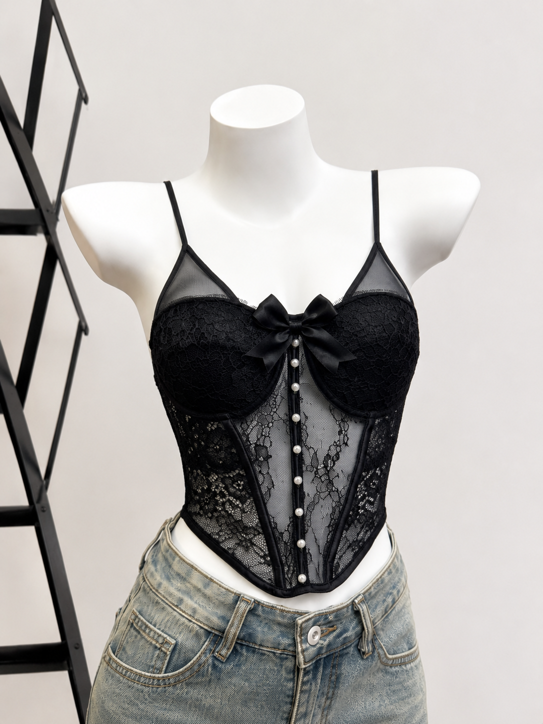Faux-Button Lace Corset Camisole Padded Top