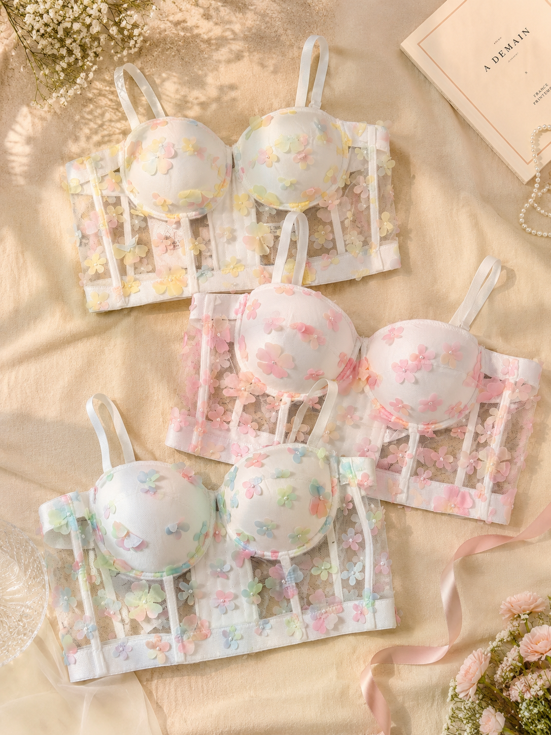 3D Floral Applique Mesh Corset Bustier Top
