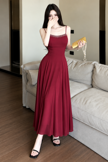 Crystal Beaded Sweetheart Chiffon Maxi Dress