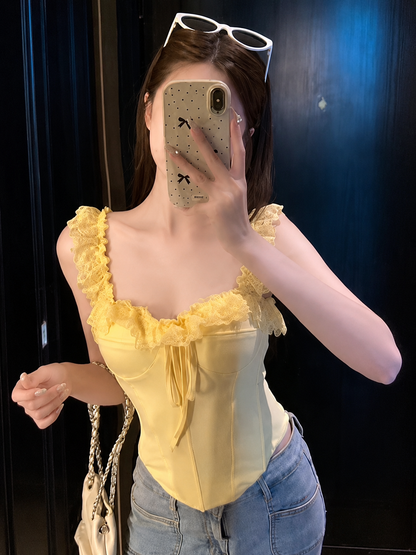 Lace-Trim Ruffled Bustier Top