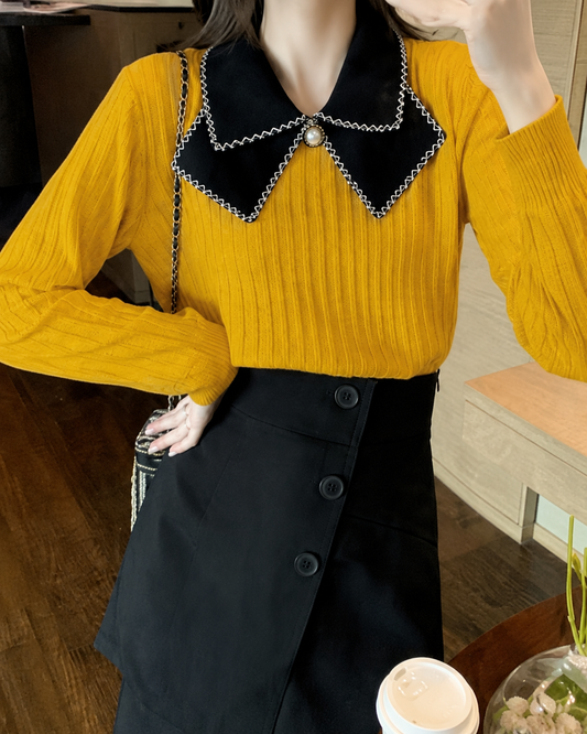 Sailor Collar Ribbed Knit Top