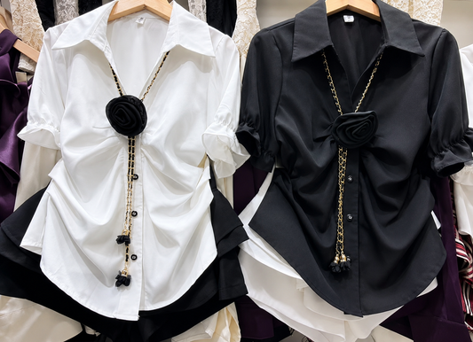 3D Rosette Chain Accent Shirt and Tiered Ruffle Skort Set