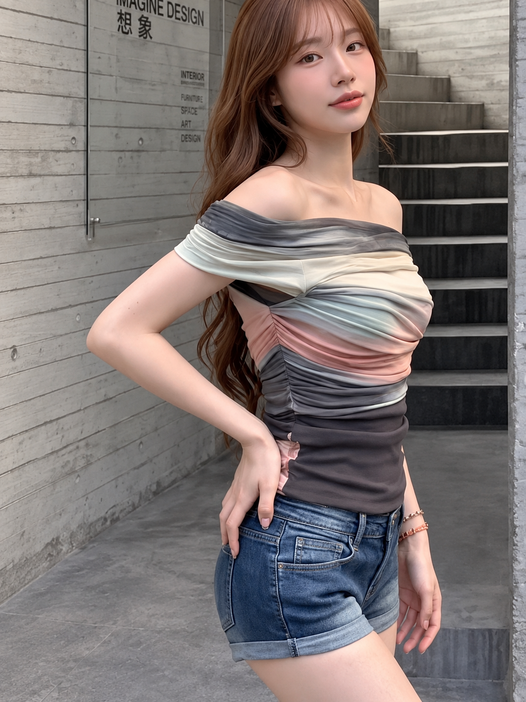 Watercolor Ombré Ruched Off-Shoulder Top