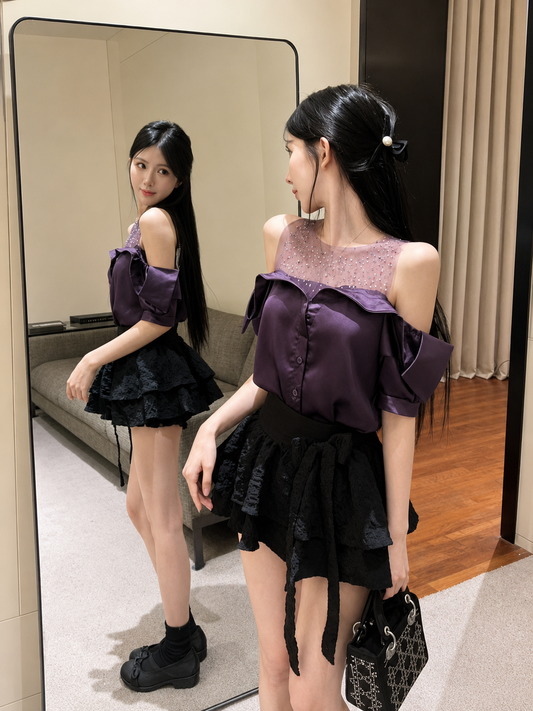 Rhinestone Mesh Panel Cold-Shoulder