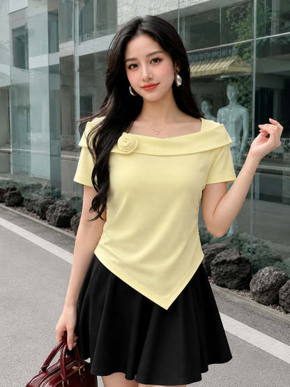 3D Rosette Detail Asymmetric Hem Top